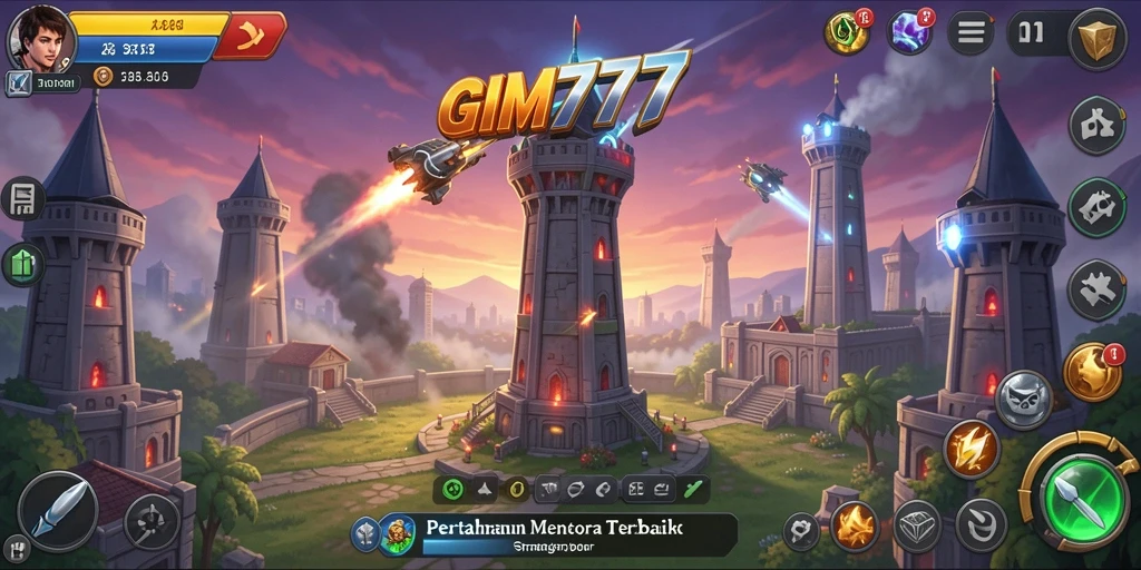 Screenshot gameplay GIM777 menampilkan medan pertempuran Tower Defense yang intens.