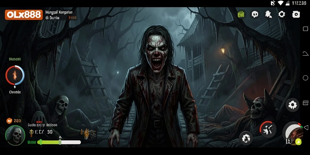 Screenshot OLX888 menampilkan suasana menyeramkan dalam gameplay.