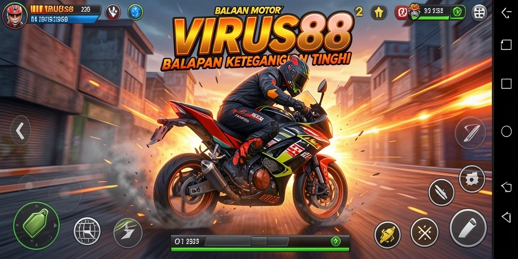 Gameplay seru di VIRUS88 dengan balapan motor yang mendebarkan.